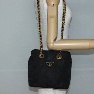 PRADA Chain Shoulder Bag Nylon Black Gold Auth 142072